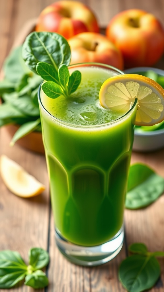 A glass of spinach and apple juice with lemon garnish on a rustic wooden table.